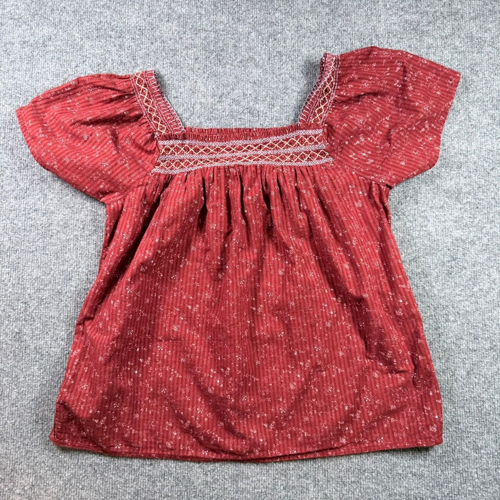 Madewell Smocked Puff Sleeve Top Women XXS Red Floral Square Neck Dotted Vines